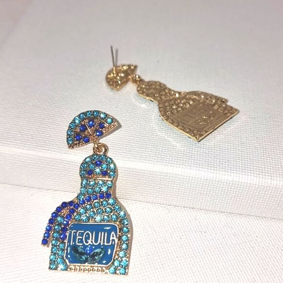 New TEQULIA BOTTLE TURQUOISE & COLBOLT BLUE rhinestone earrings - Picture 5 of 12